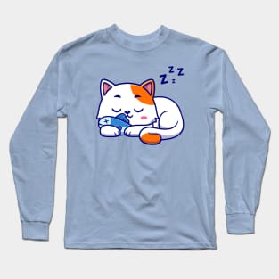 Cute Cat Sleeping With Fish Cartoon Long Sleeve T-Shirt